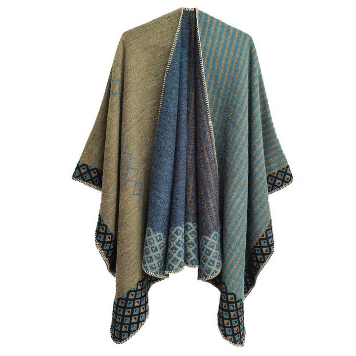 ACCITY - Wholesale Poncho - Women's - SIMPLE SPLIT SHAWL WITH DIAMOND GEOMETRIC PATTERN_CWASC02896