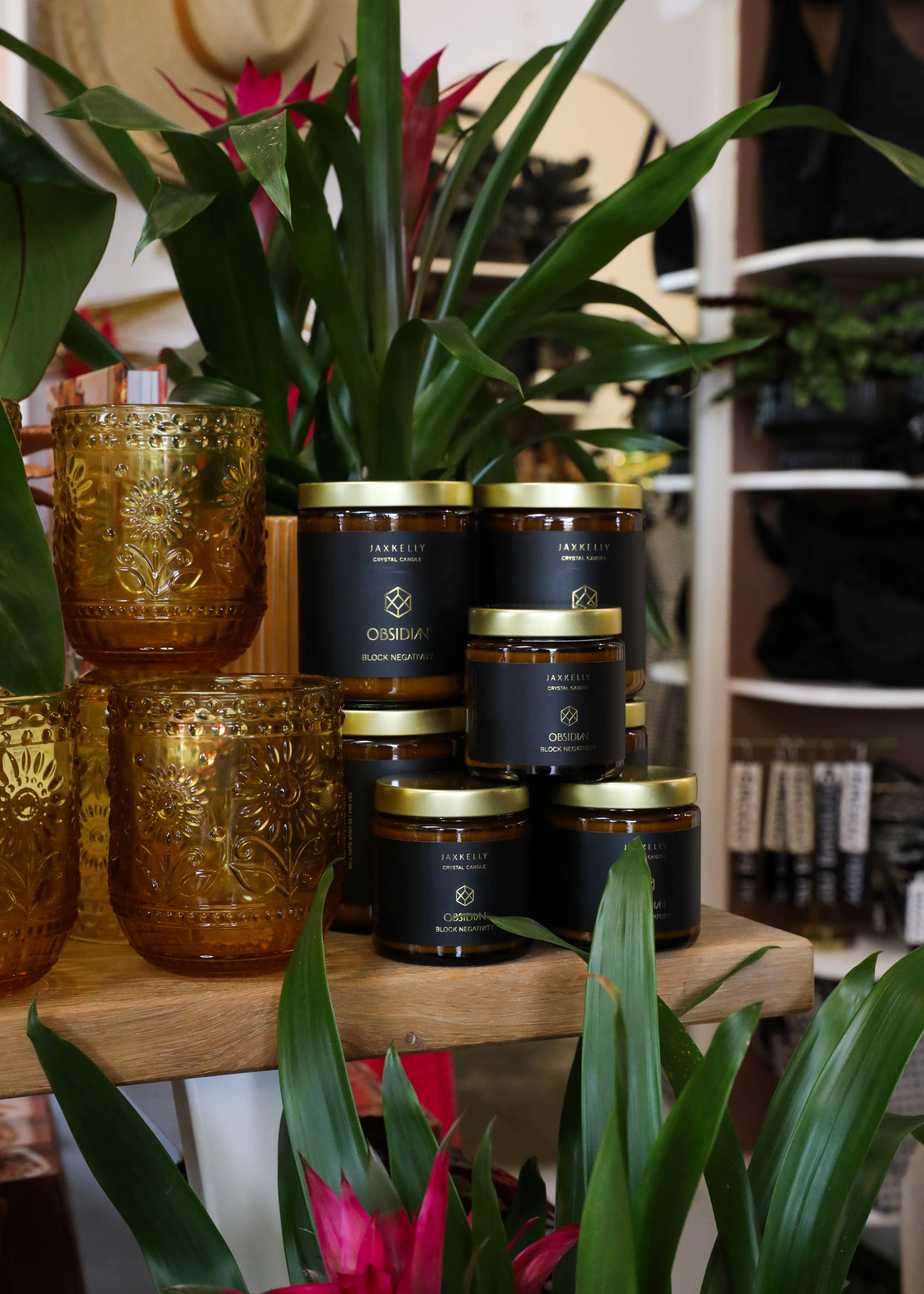 JaxKelly Candles - Wholesale Jar/Filled Candle - 9oz Amber Crystal Candles - Obsidian - Block Negativity6