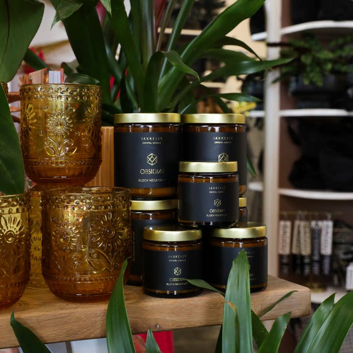 JaxKelly Candles - Wholesale Jar/Filled Candle - 9oz Amber Crystal Candles - Obsidian - Block Negativity6