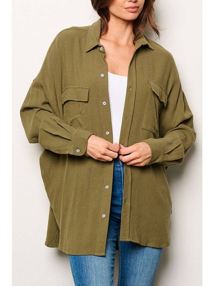 ROUSSEAU - Wholesale Button Down Shirt - Women's - BUTTON UP FRONT POCKETS OVERSIZED SHIRT10