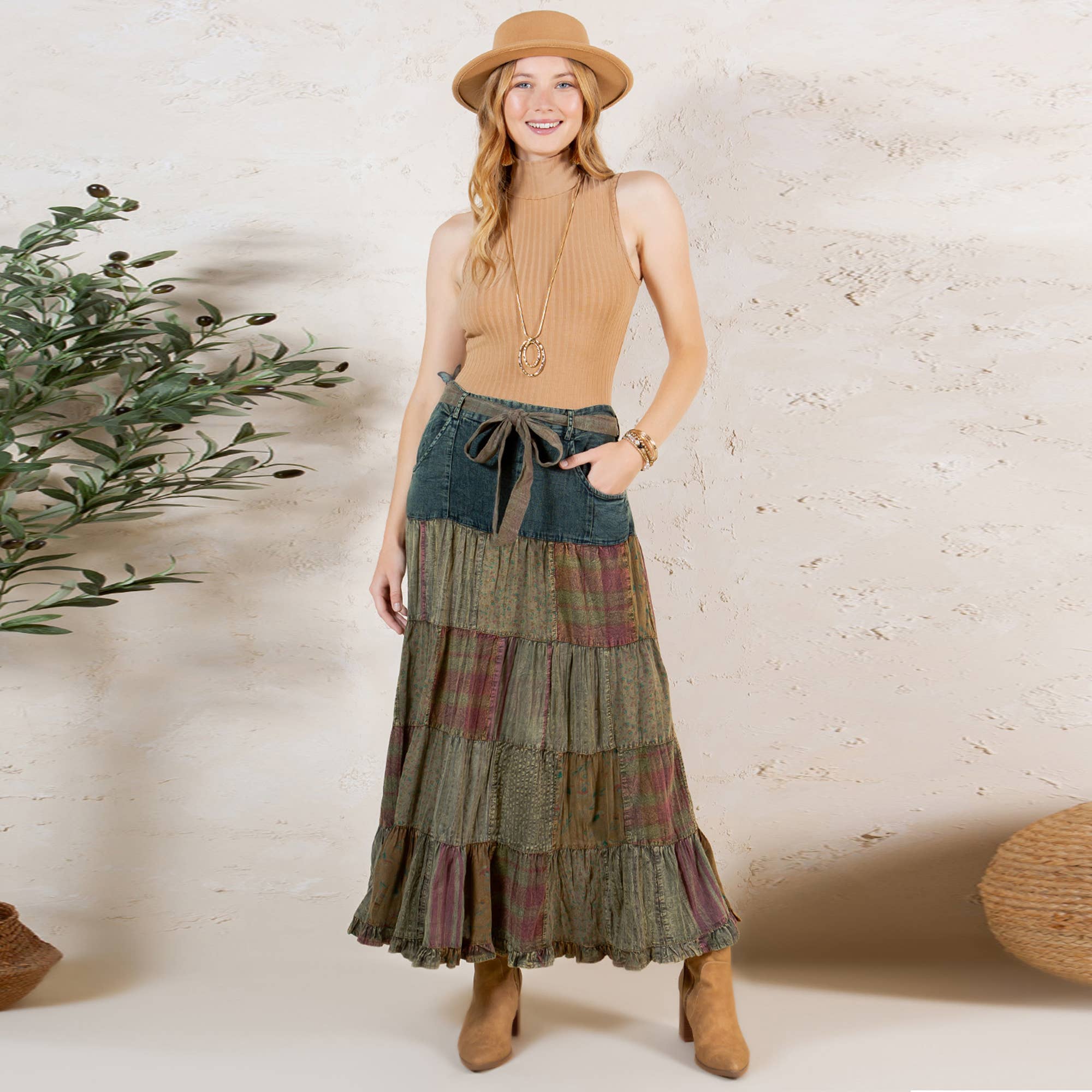 Young Threads - Wholesale Skirt - Women's - Western Boho Chic: Patchwork Belted Skirt  (New Color)4