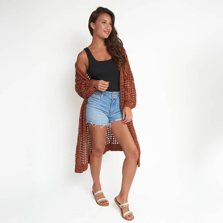Howard's - Wholesale Cardigan - Women's - Enya Sepia Long Sleeve Open Crochet Boho Cardigan
