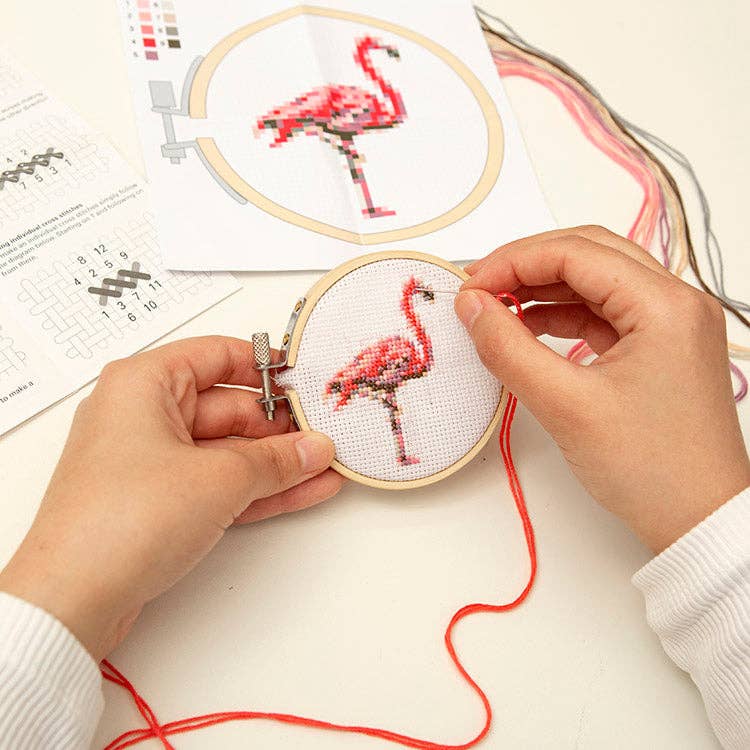 Kikkerland Design Inc - Wholesale Embroidery/Cross Stitch Supplies - Mini Cross Stitch Embroidery Kit Flamingo2