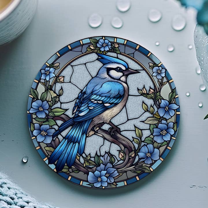 Fernville Creations - Wholesale Coasters - Bluejay Ceramic Coaster, Printed Stained Glass Image6