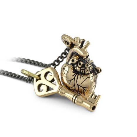 Small Anatomical Heart & Key Necklace - Bronze for wholesale by Lost Apostle