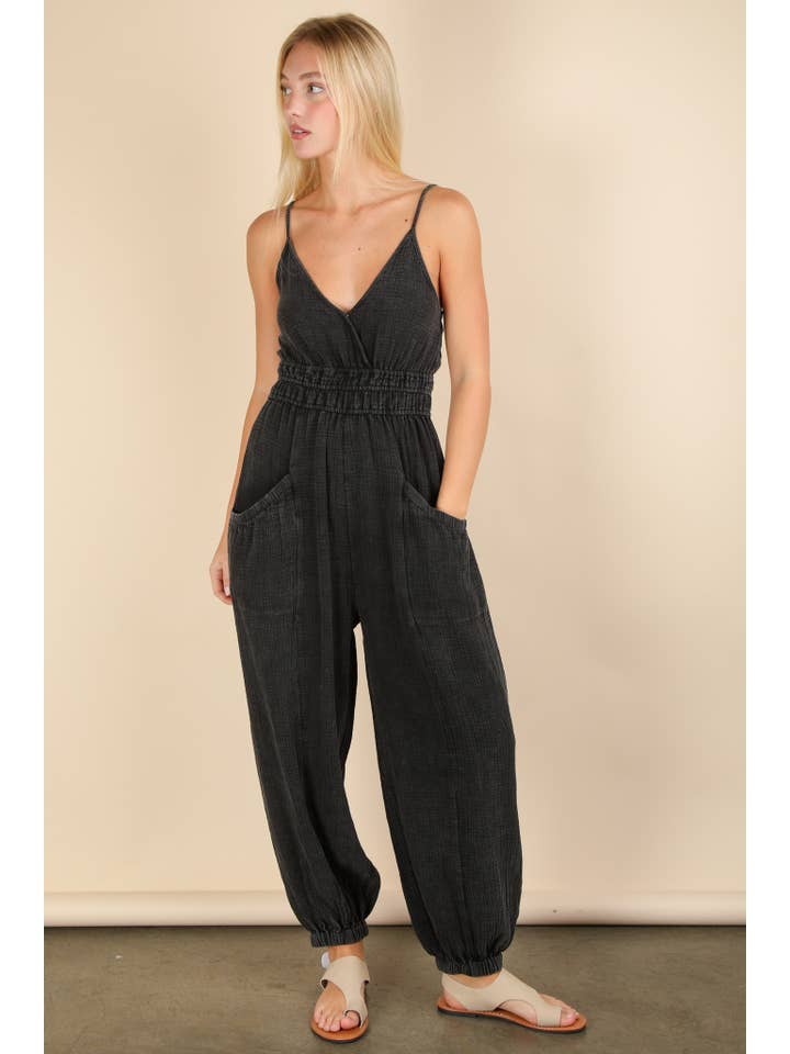 VERY J - Wholesale Jumpsuit - Women's - NP70837-Mineral Washed Cotton Gauze Casual Jumpsuit