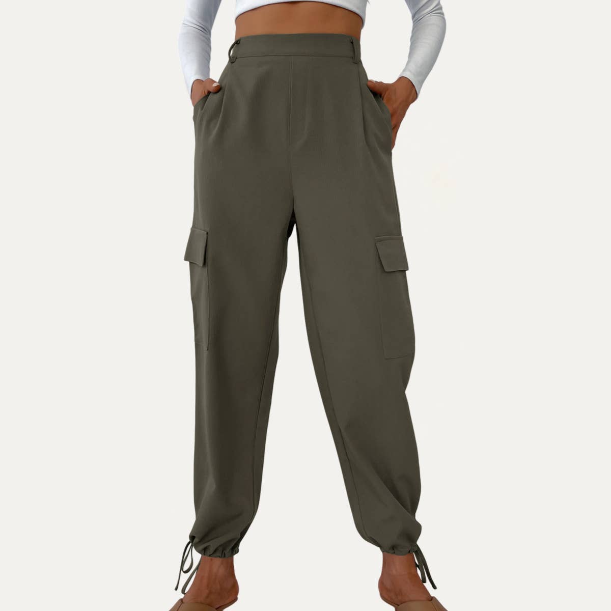 Dark Olive Casual High Waisted Pockets On Tie-Hem Jogger Pants for wholesale on Faire3
