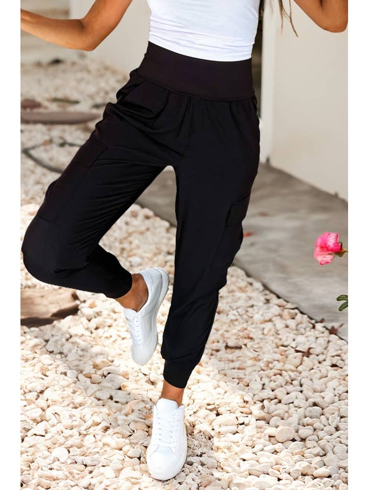 Little Daisy Closet - Wholesale Pants - Women's - LDC Elastic High Waist Pocketed Cargo Jogger Pants1