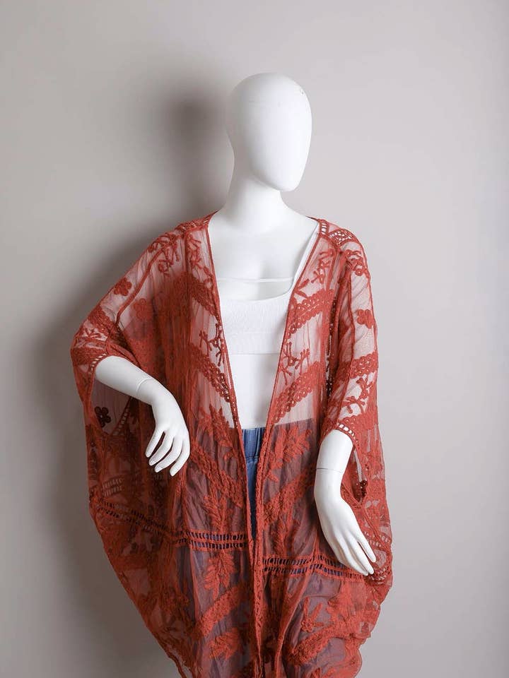 Leto Accessories - Wholesale Kimono – Women's - Embroidered Mesh Leaf Botanical Kimono