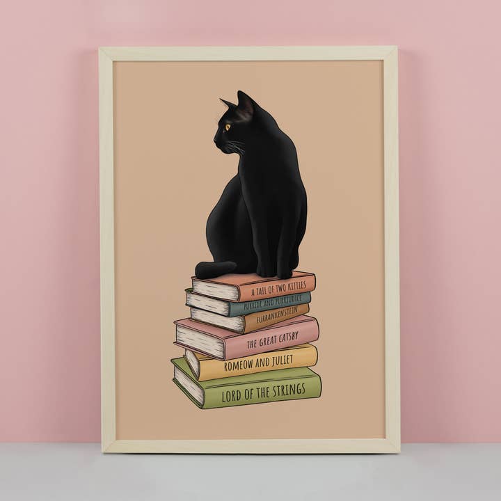 Cat and Books Art Print for wholesale by Hayley Jade Design Studio