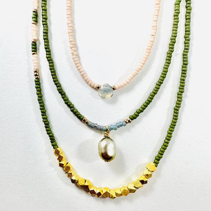 Beaded Necklace Set - Labradorite and Gray Pearl for wholesale by Sarah Crawford Handcrafted