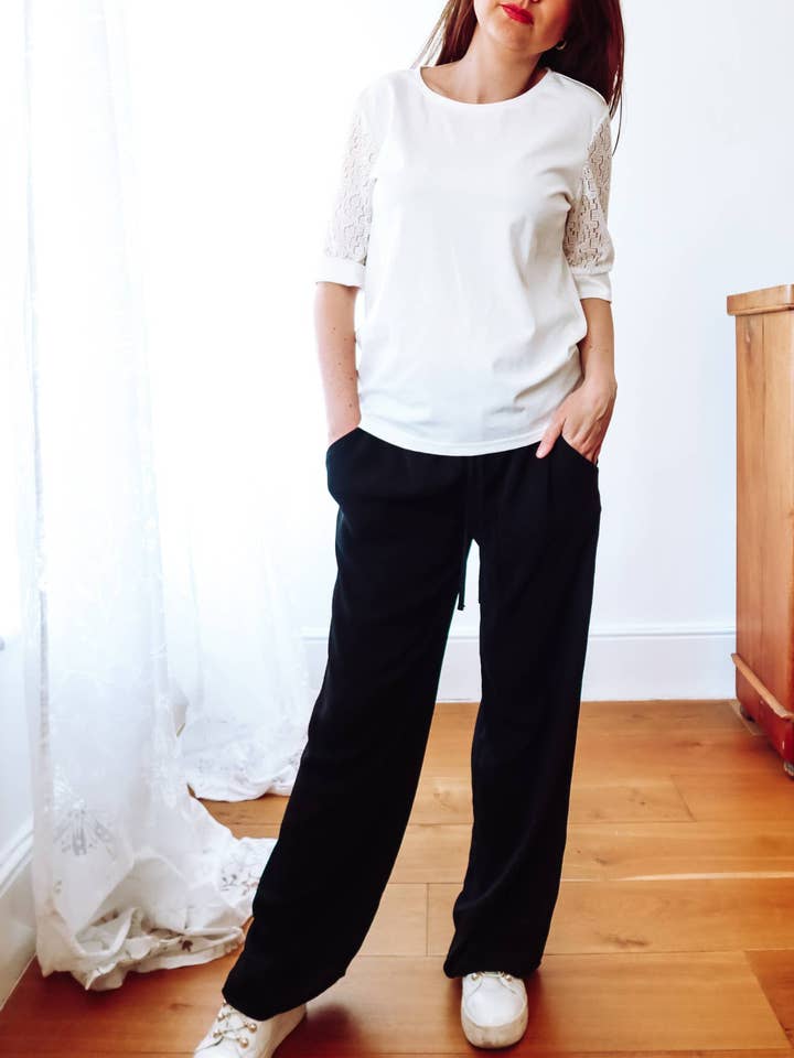 Ivory Lace Sleeve Cotton T-Shirt for wholesale by Sophie Cameron Davies