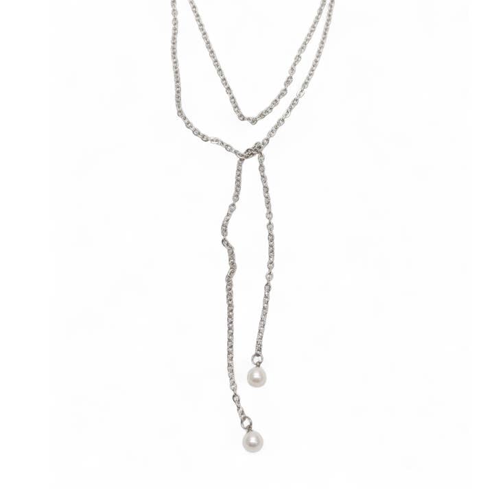 Dainty Silver Glass Pearl Wrap Necklace for wholesale by Idlewild Everyday