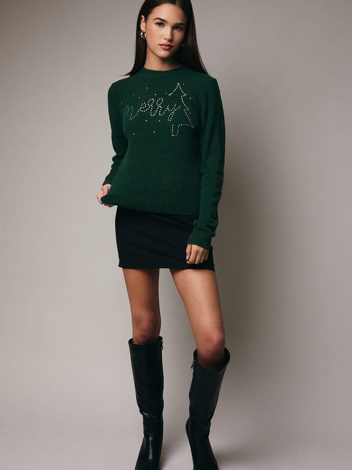 Green ROUND NECK LONG SLEEVE RHINE STONE DETAILED SWEATER for wholesale on Faire3
