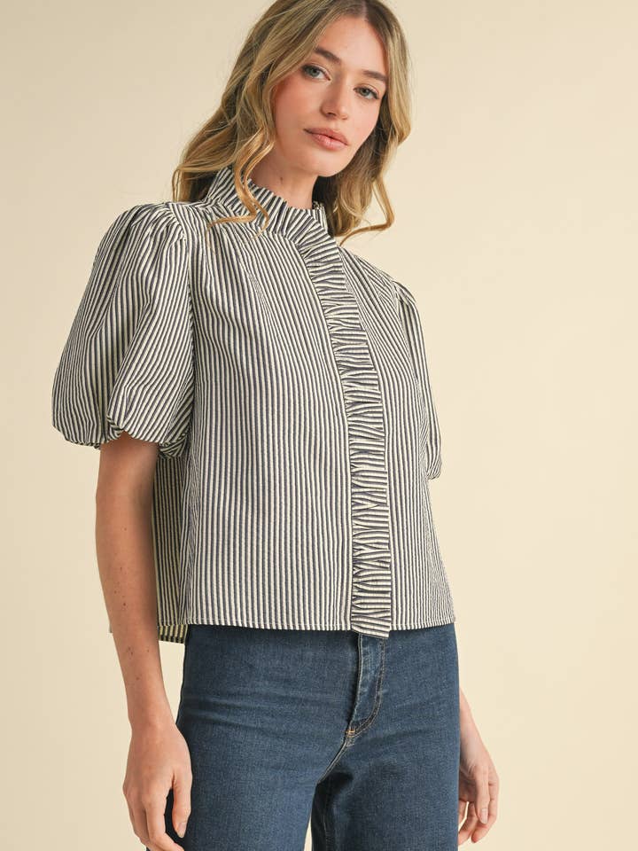 &MERCI - Wholesale Blouse - Women's - STRIPED RUFFLE BUTTON DOWN TOP MTP3750