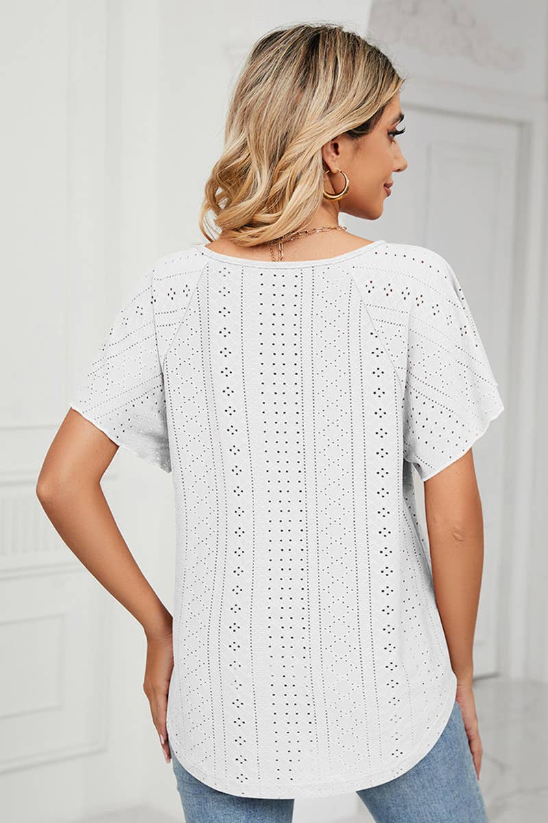 Lily Clothing - Wholesale Blouse - Women's - CWTTS0472_V NECK PUNCHING LACE UP RUFFLE LOOSE TOP3