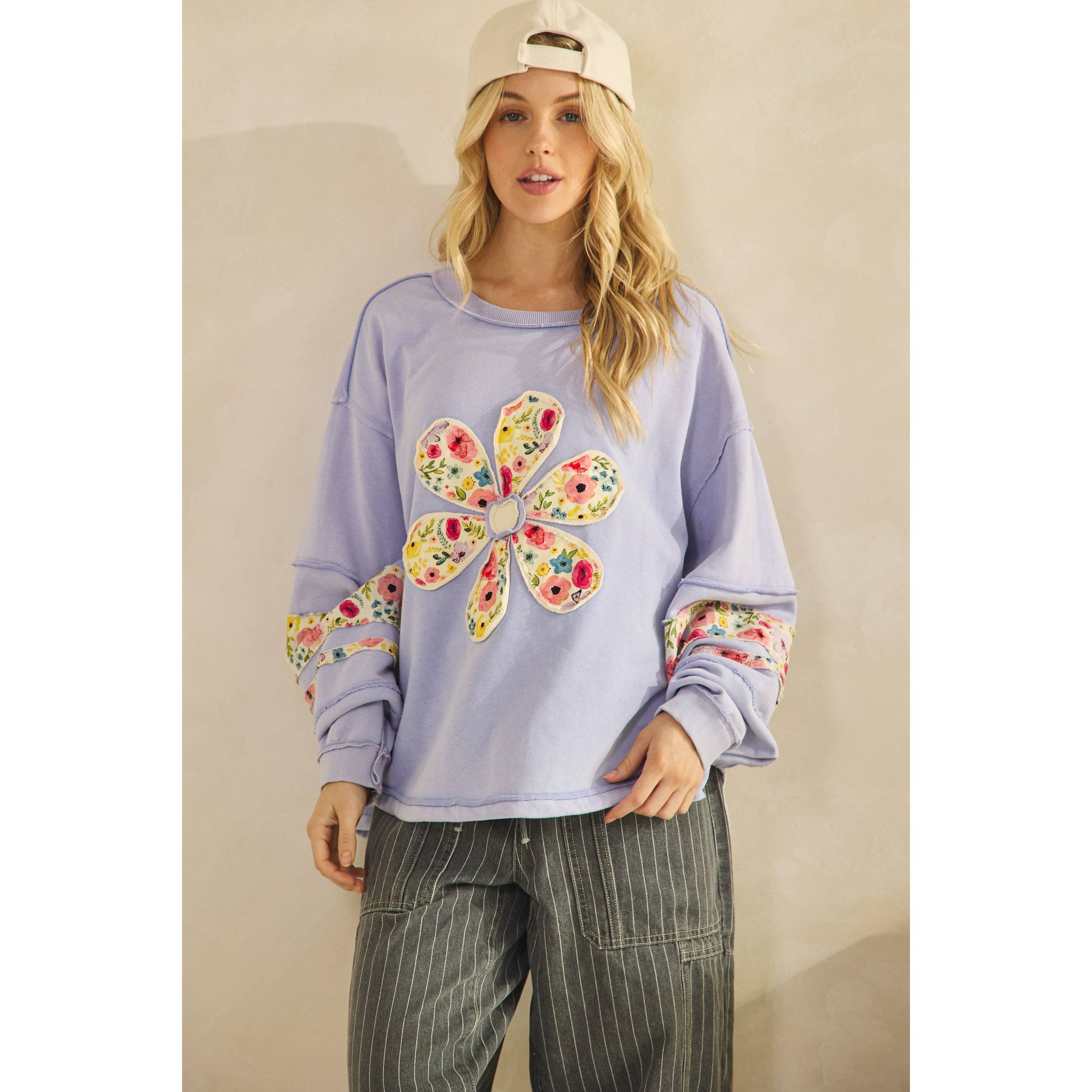 Sage + Fig - Wholesale Sweatshirt - Women's - LONG SLEEVES WITH DAISY PATCH APPLIQUE SWEATSHIRTS (ST7240) 14