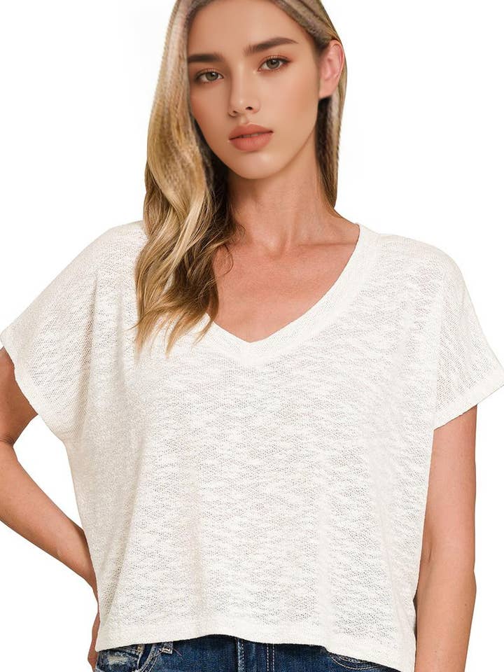 '._ V Neck Drop Shoulder Slub Hacci Crop Top 0606 for wholesale by 42POPS