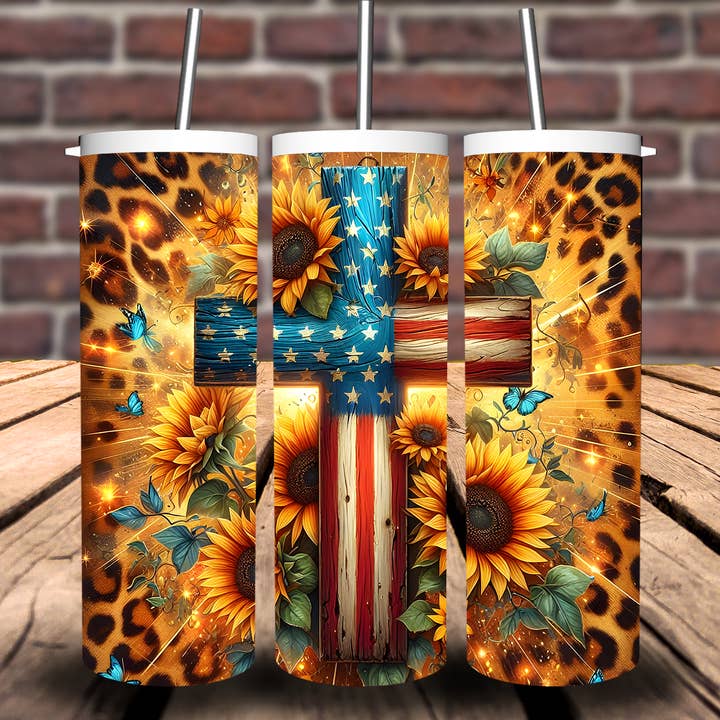 Cross Sunflower American Flag Tumbler 20oz 30oz for wholesale by Sweet Tees