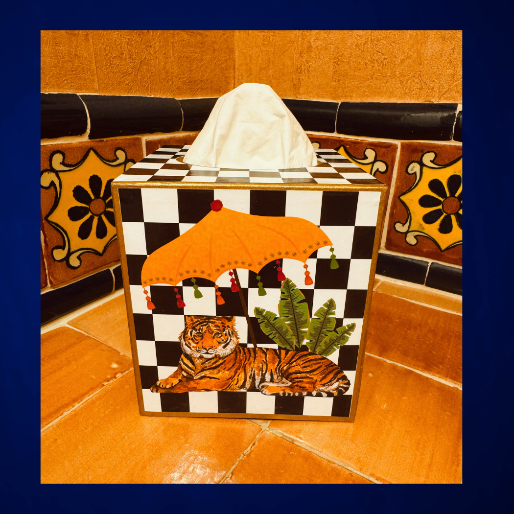 TOPICS IN THE TROPICS - Wholesale Tissue Box - Paper Mache Kleenex Box with tiger with an umbrella design2