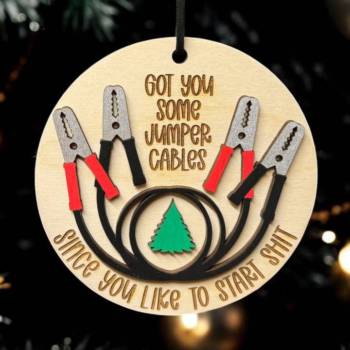 Start Shit “Jumper Cables” Ornamental Wood Tag – Funny Holiday Office Gift for wholesale by The Delightful Dabbler LLC