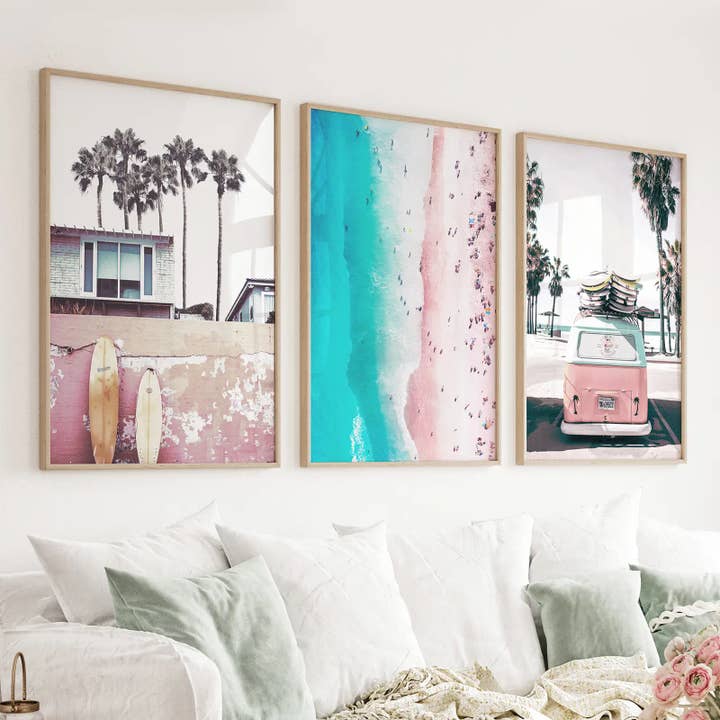 Boho Coastal Print. Pink Combi Van, Aerial Beach, Surfing for wholesale by Art Lane
