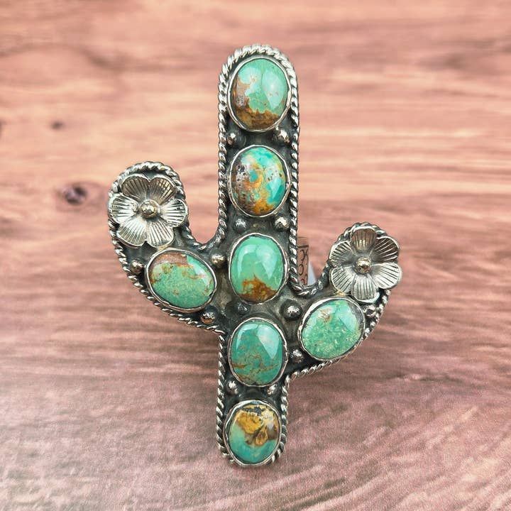 Genuine Turquoise Cactus Tibetan Adjustable Ring for wholesale by ZINC Designs