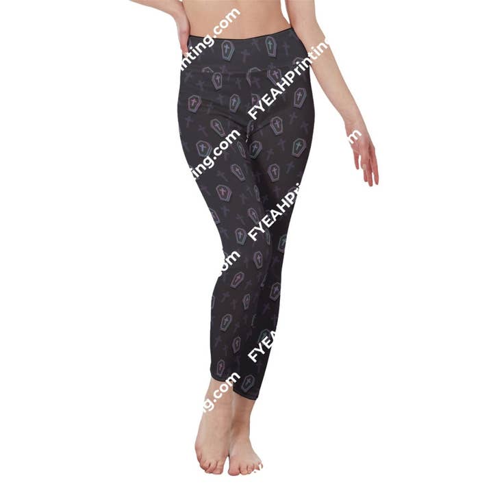 Gothic Coffins and Crosses All-Over Print Women's High Waist Leggings | Side Stitch Closure for wholesale by fyeahprinting