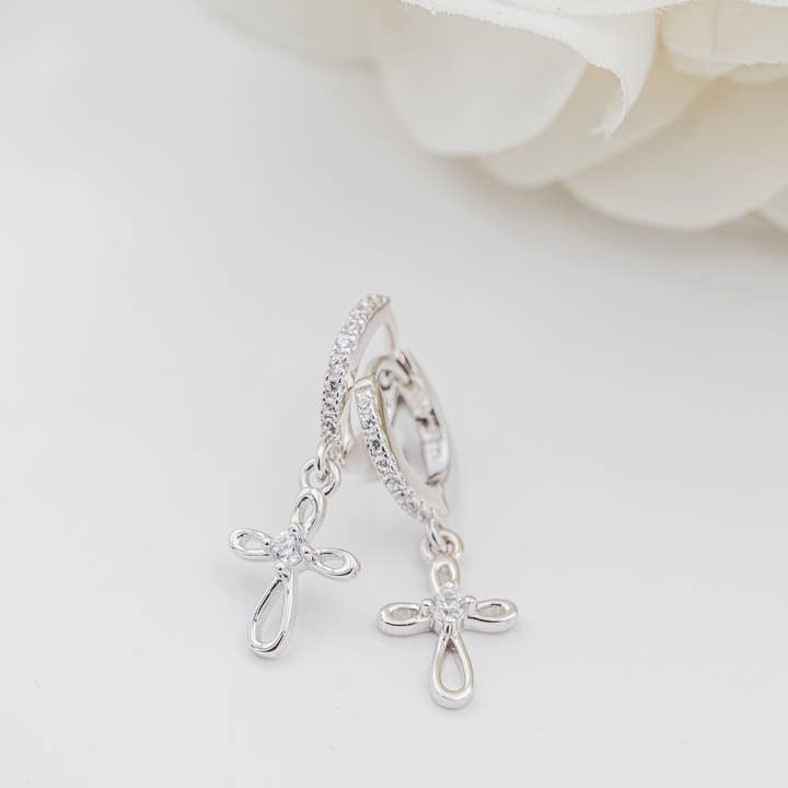 Cherished Moments - Wholesale Huggie Earrings - Sterling Silver Huggie with Cross Earrings for Kids, Girls