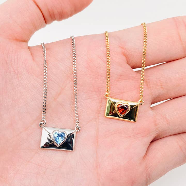 Heart-shaped Cubic Zirconia Envelope Charm Pendant Necklace for wholesale by Mio Queena