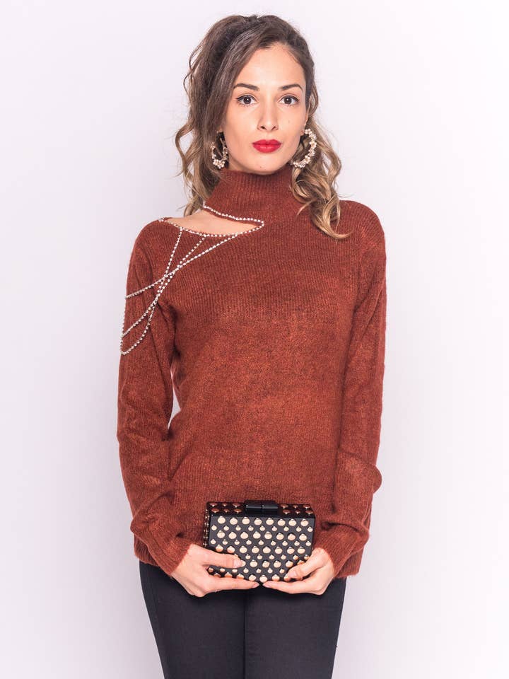 CY FASHION. LONDON - Vente Pull en maille – femme - Pull à épaules ouvertes avec chaîne