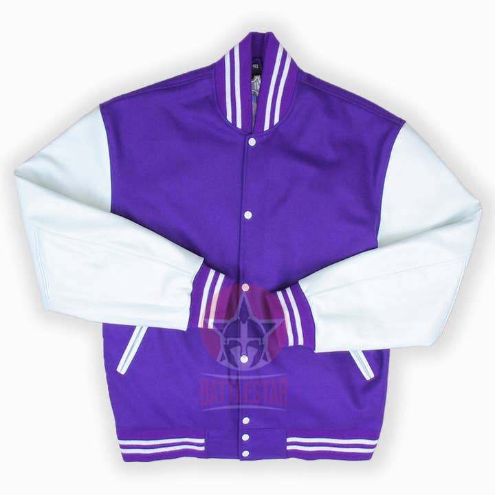 Battlestar Clothing & Gear Co - Wholesale Varsity/Baseball Jacket - Men's - Purple Wool Varsity Baseball Jacket White Leather Sleeves