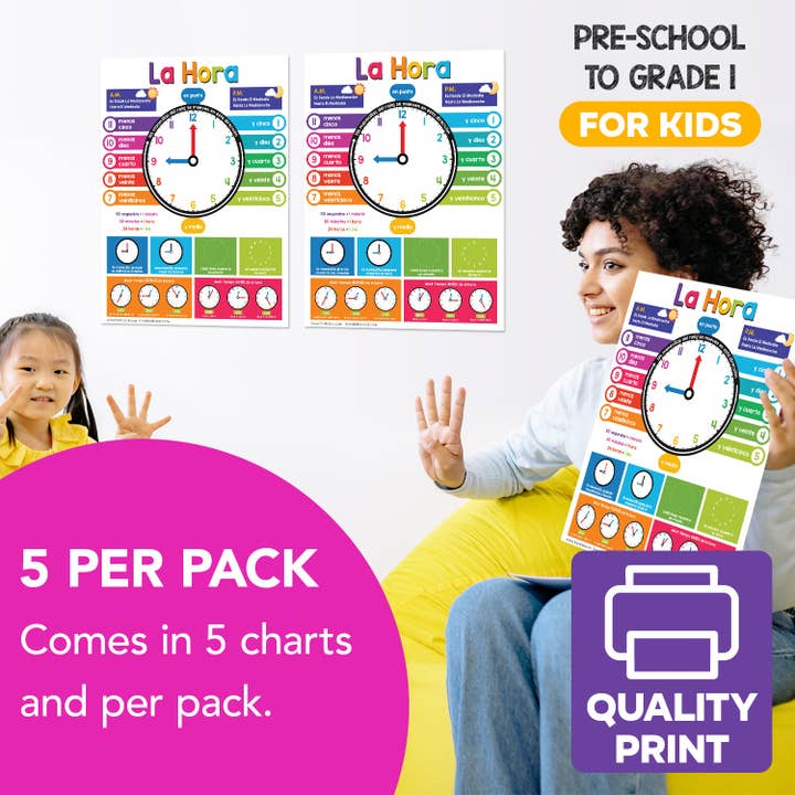 Fine Cardstock - Wholesale Learning cards – Child & baby - Spanish Colorful Time Chart for Kids - Learn to Tell Time | Durable Cardstock | 8.5" x 11" | 5-Pack3