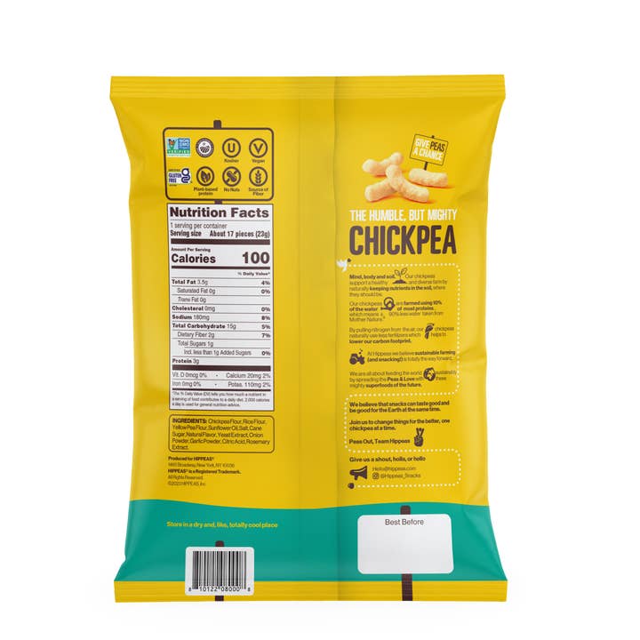 Hippeas - Vente Encas soufflé - Puffs de pois chiches au cheddar blanc vegan, paquet de 24 sacs de 23 g - Snack végétalien1