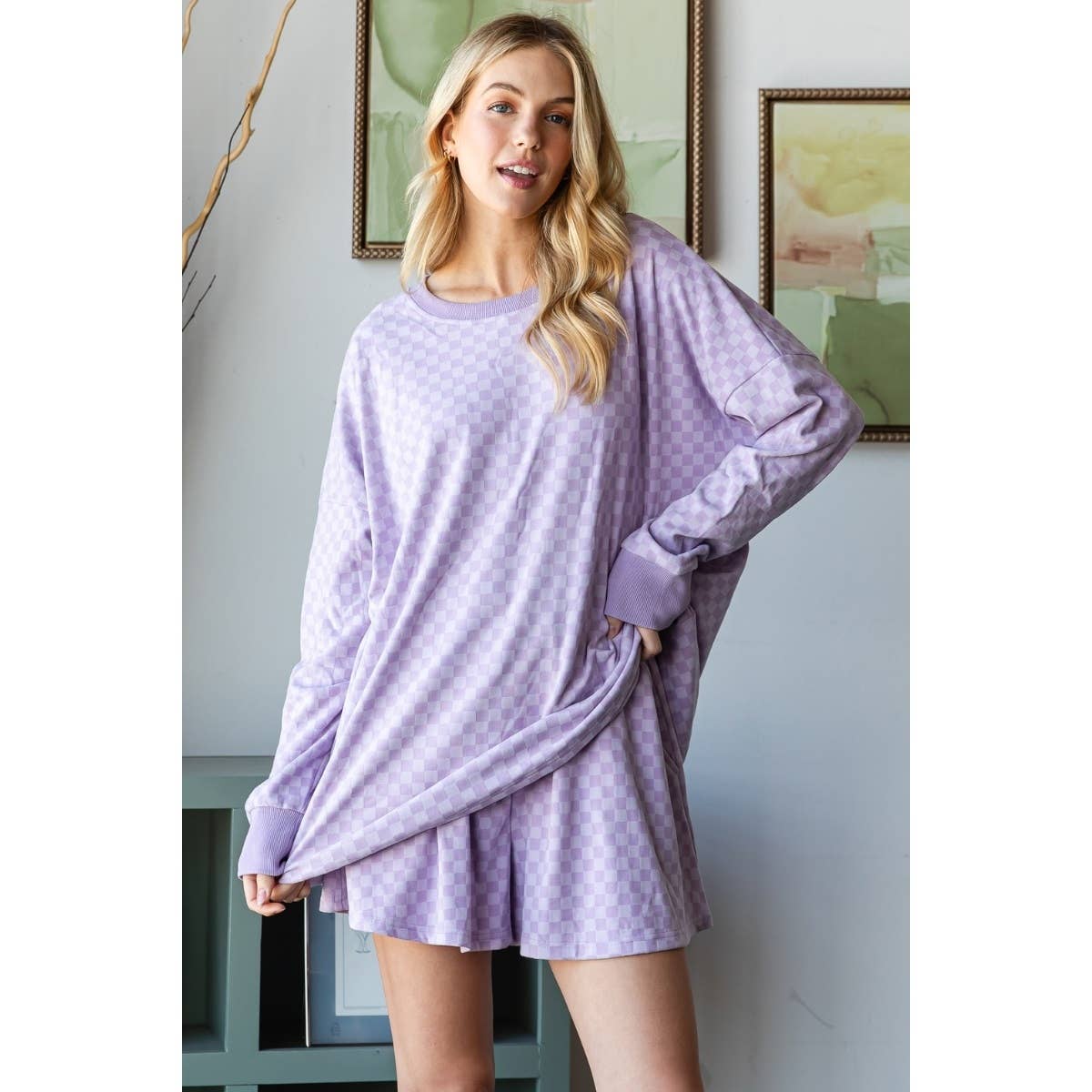 Veveret – Großhandel Loungewear-Set – Damen – Set aus kariertem Jerseytop und Shorts0