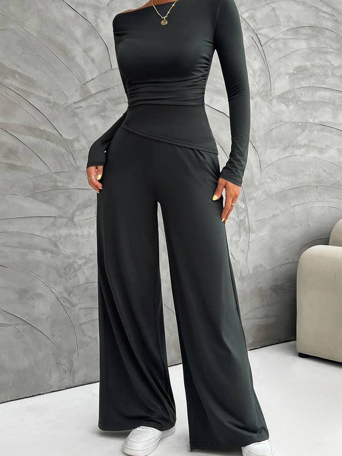UNISHE - Wholesale Top & Pant Set (NOT Loungewear) - Women's - Casual Elegance Long Sleeve Top and Wide Leg Pants Set DY1759