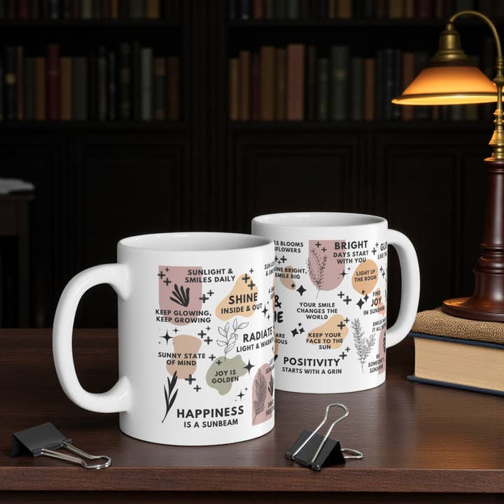 EMESLY - Wholesale Coffee Mug - Smiles & Sunshine Motivational Ceramic Coffee Mug; 11oz/15oz4