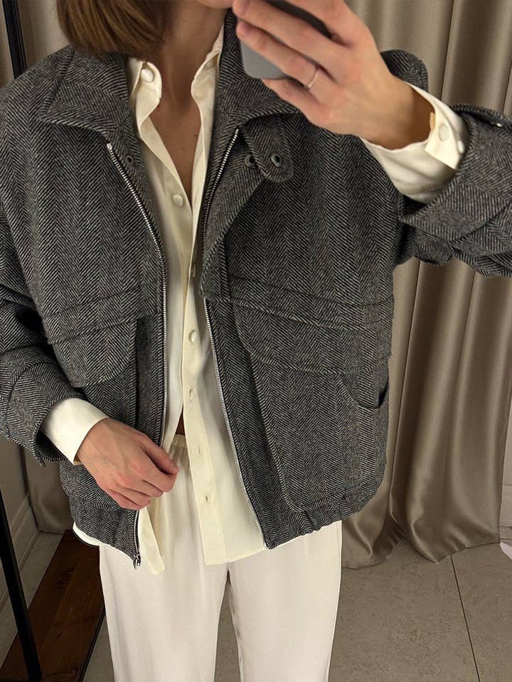 black Herringbone Stand Collar Jacket Women N5A353 for wholesale on Faire4