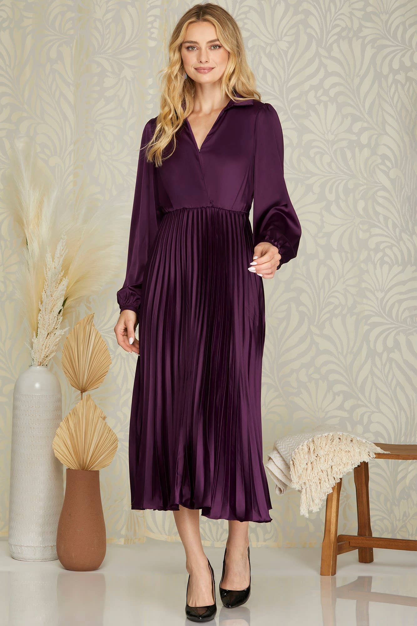 Vanilla Monkey - Wholesale Dress - Women's - Surplice Long Sleeve Woven Satin Pleated Midi Dress3
