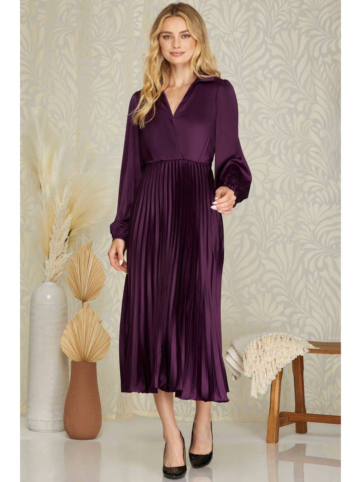 Vanilla Monkey - Wholesale Dress - Women's - Surplice Long Sleeve Woven Satin Pleated Midi Dress3