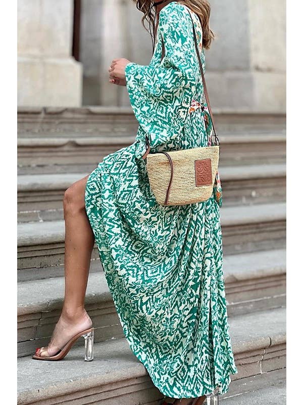 green loose long sleeve bohemia floral maxi dress for wholesale on Faire1