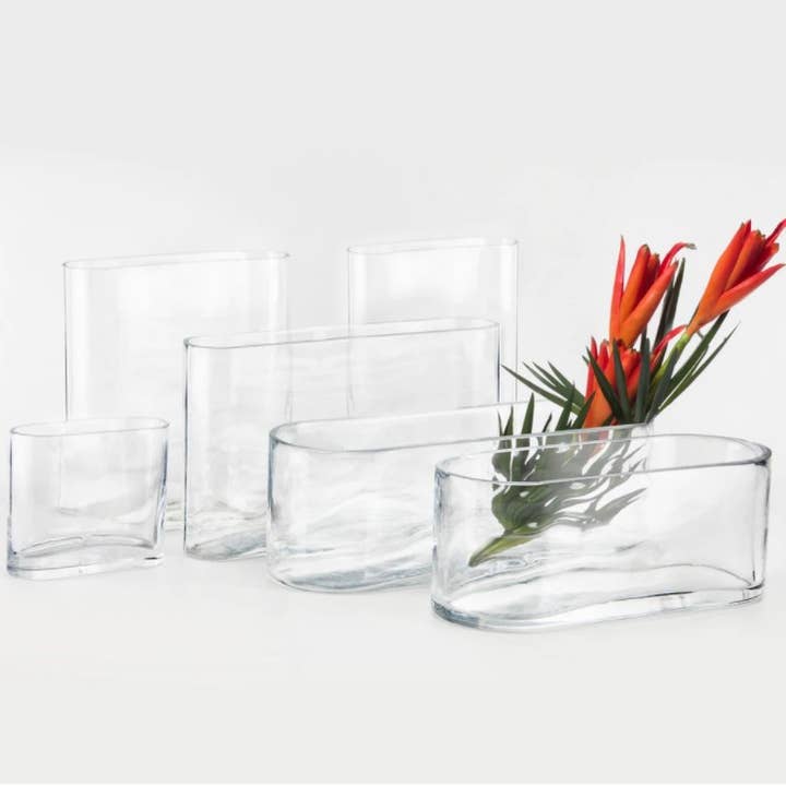 4" Tall - Oval Glass Flat Panel Vase (5" x 2" Top) for wholesale by Galore Home