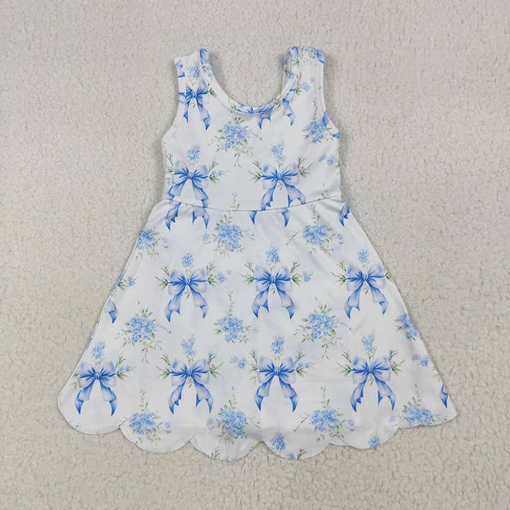 Baby Girls Blue Bows Floral Activity Wear Yoga Short Skort Knee Length Dresses for wholesale by Aier Wholesale