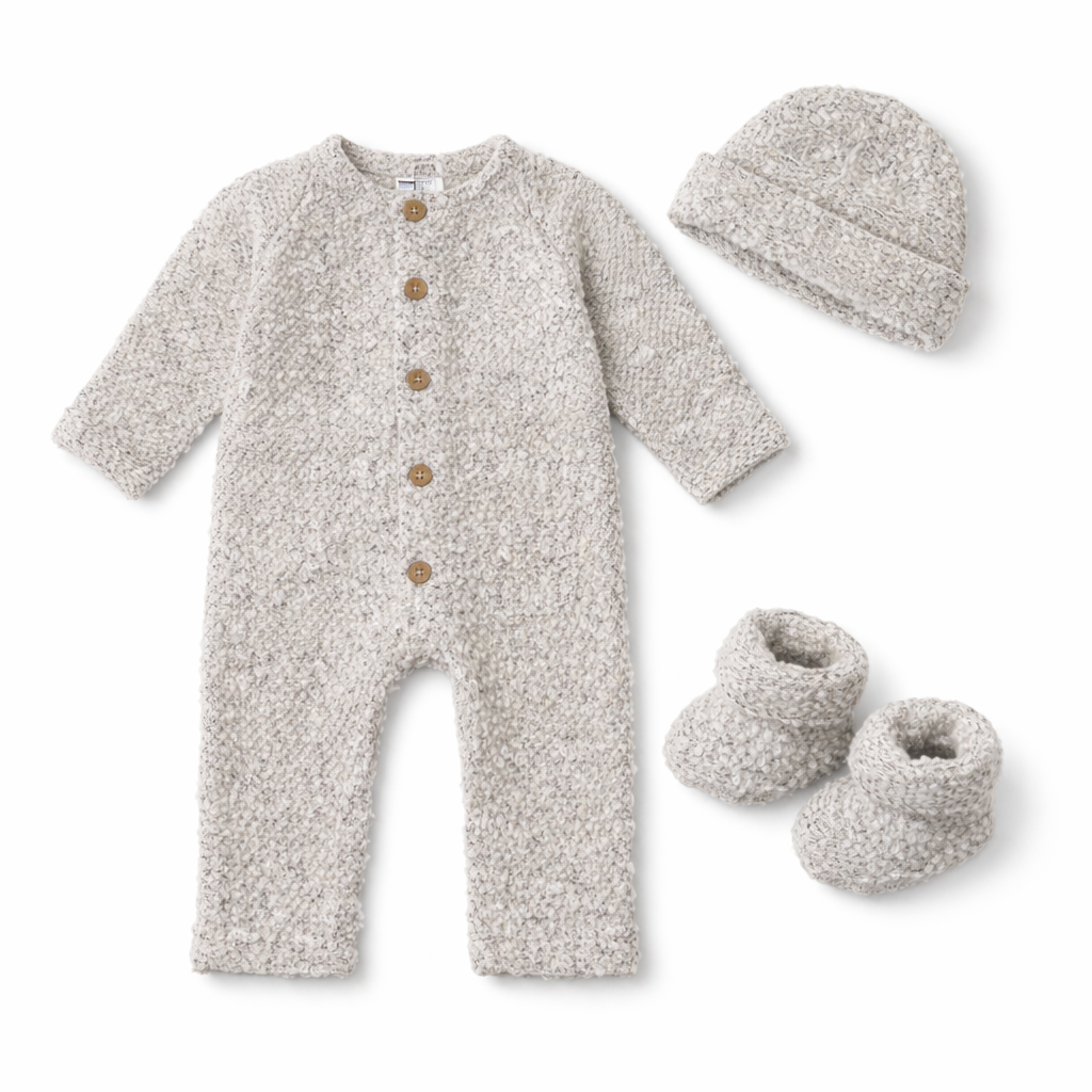 Grey Knit romper with hat and booties for baby for wholesale on Faire2