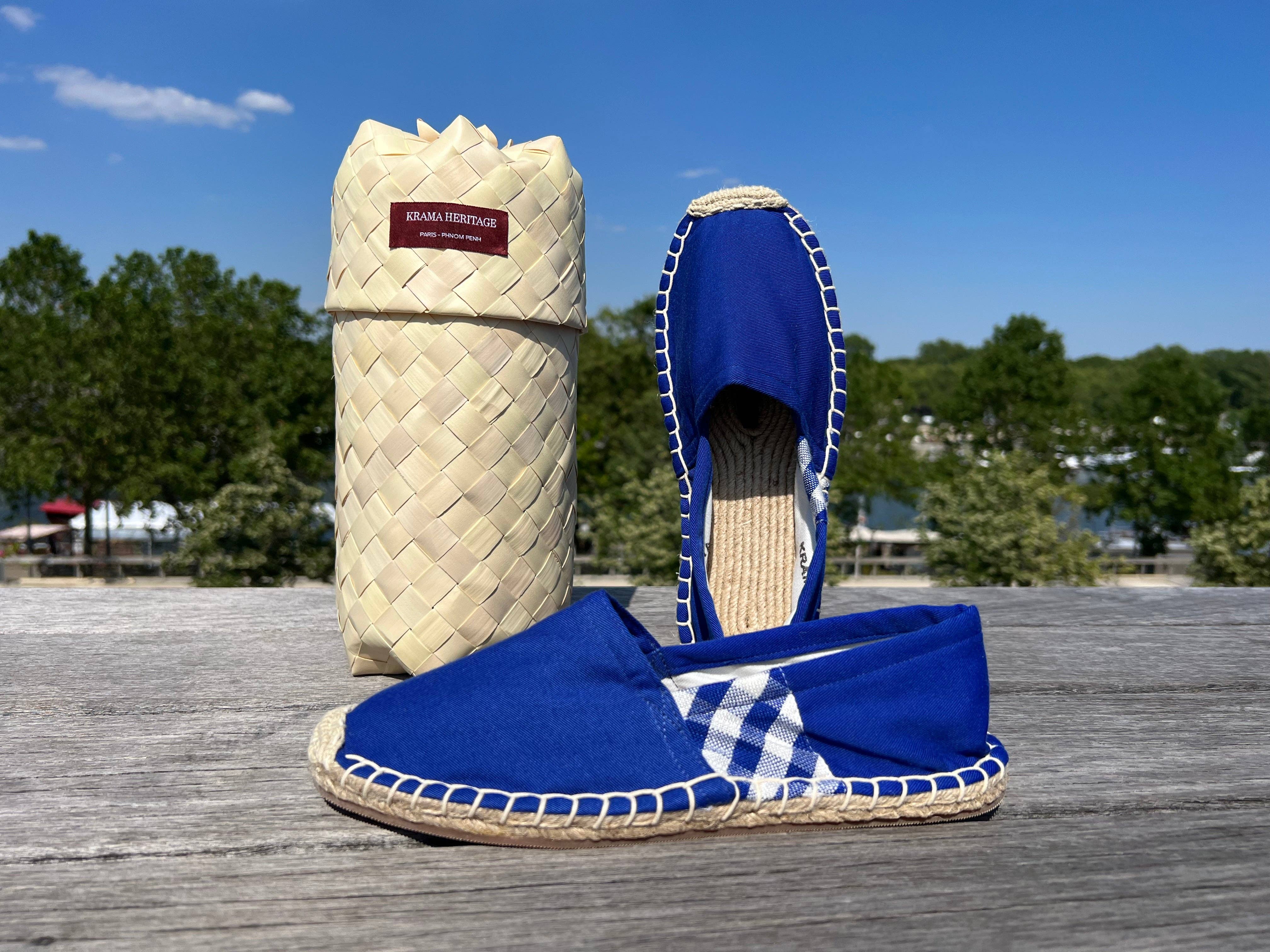 Krama Heritage - Wholesale Flats - Women's - The Krama Blue espadrilles in their large natural palm leaf case10