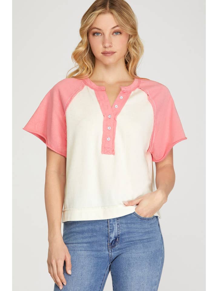 Vanilla Monkey - Venta al por mayor Jersey corto de punto - Mujer - Top de Bloques de Color con Botones y Manga Corta Raglán4