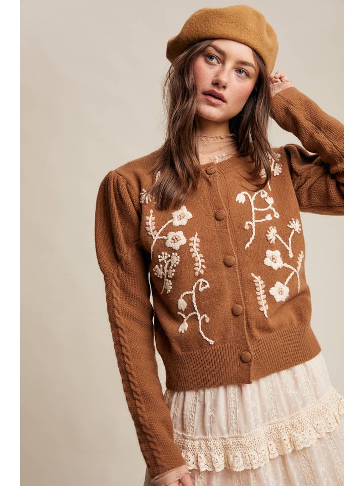 Listicle - Wholesale Cardigan – Women’s - Floral Embroidered Puff Sleeve Cardigan1