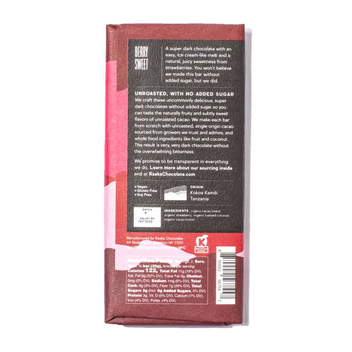 Raaka Chocolate - Wholesale Chocolate Bar - 80% Pure Cacao & Strawberry & Coconut (No added sugar)