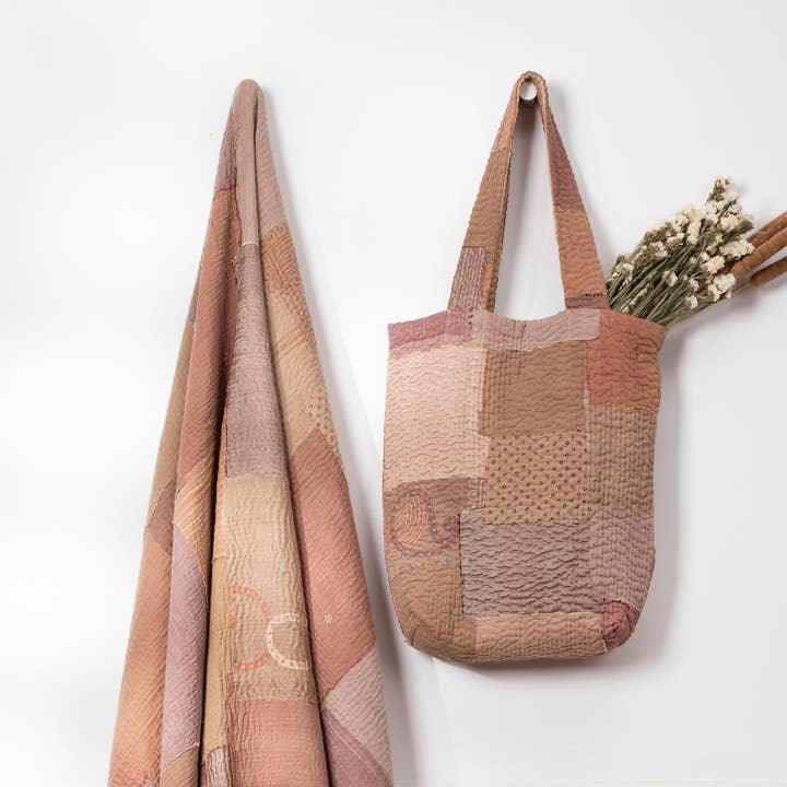 Mosaic Fray Handmade Vintage Kantha Tote Bag - Mushroom for wholesale by Maison Mieko