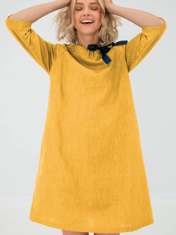 Leinenkleid, Senfkleid, Schleifenkleid, Französisches Kleid, Leinen für den Großhandel von LeMuse